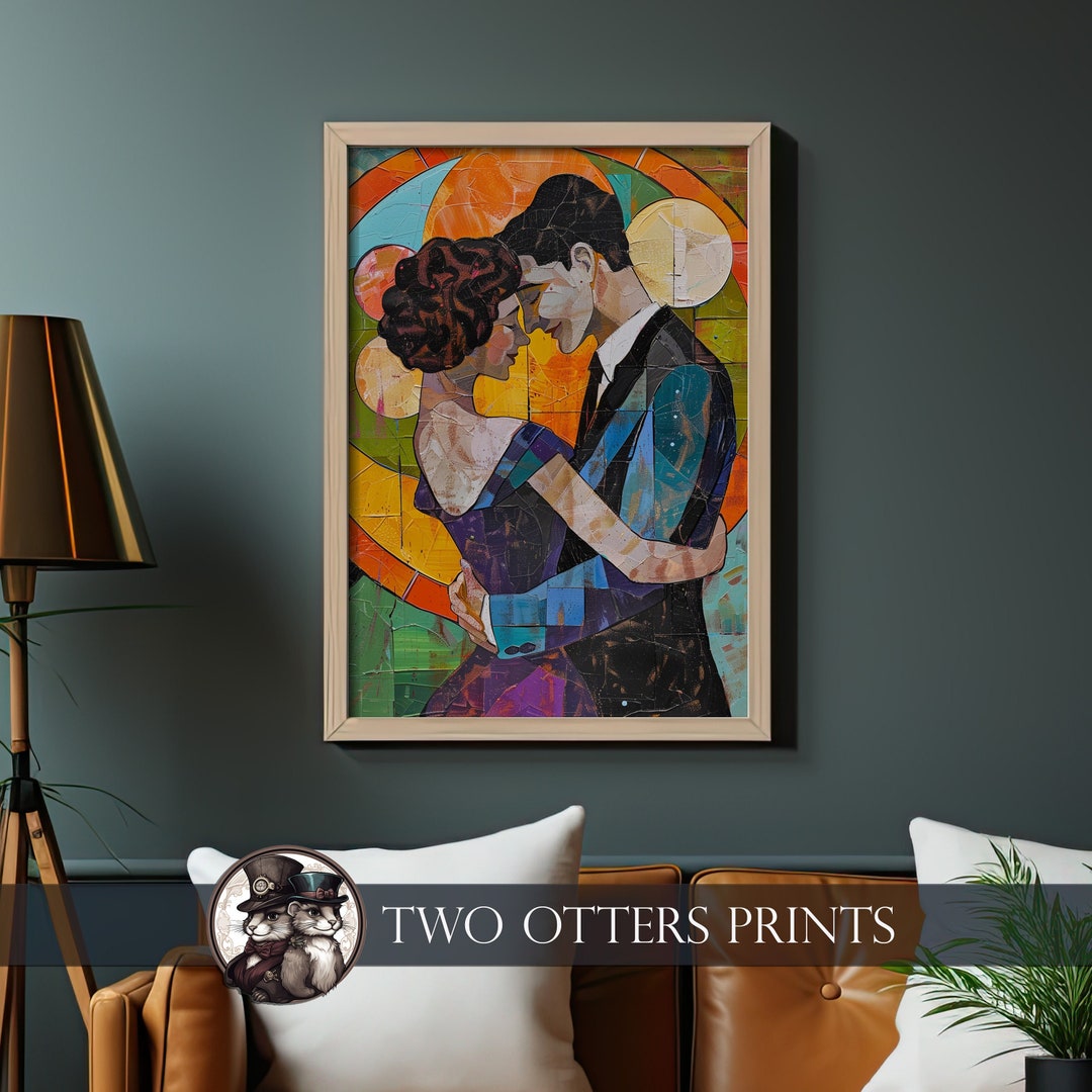 Art Deco Style Painting of a Man and Woman Dancing | Hug and Embrace ...