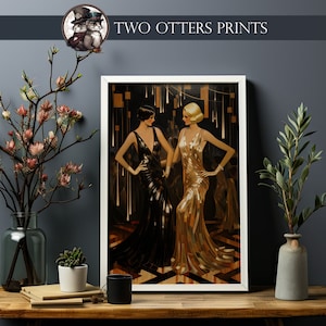 Art Deco Glamour Art Print | Shimmering Nightclub Duo in Gold and Black ...