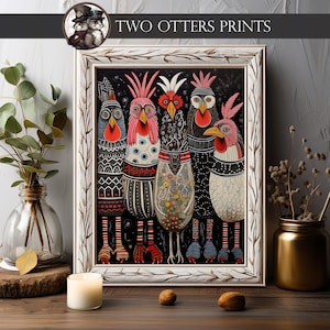 Chicken Painting Folk Art Print | Farmyard and Barnyard Animals Roosters | Rustic Charm, Country Living Aesthetic | Celebrating Rural Life