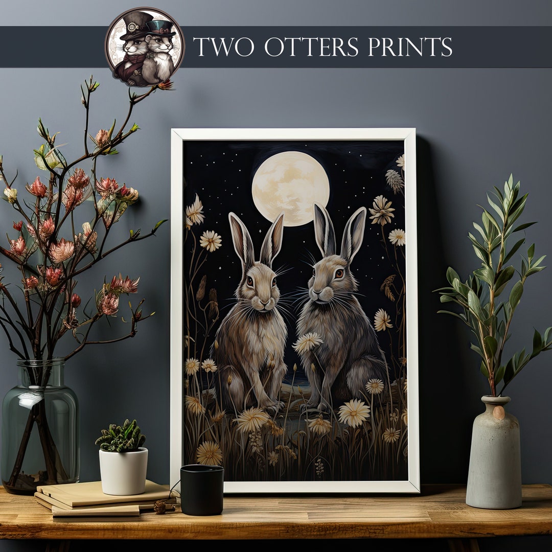 Hare Art Print | Two Rabbits Under the Silver Moon - Etsy