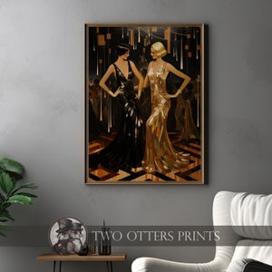 Art Deco Glamour Art Print | Shimmering Nightclub Duo in Gold and Black ...