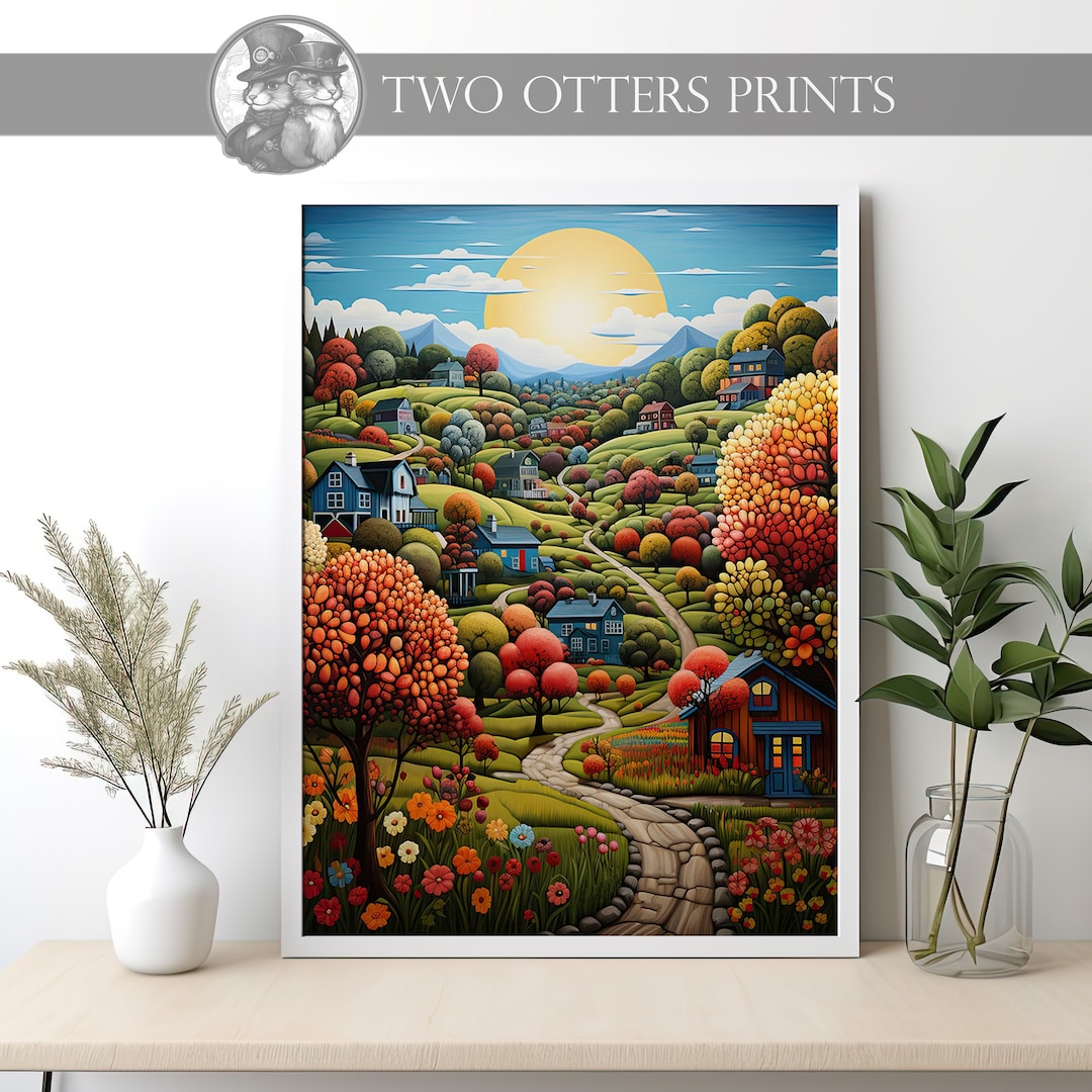 Americana Landscape Print | Nostalgic Folk Art Street Scene - Etsy