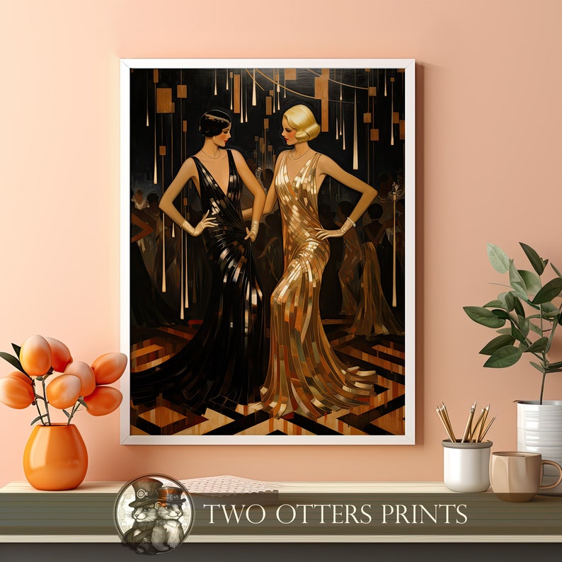 Art Deco Glamour Art Print | Shimmering Nightclub Duo in Gold and Black ...