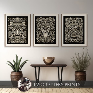 Mayan Mask Art Print Set | Set of Three Prints | Geometric Mask Painting in Ancient Central American Style Skulls