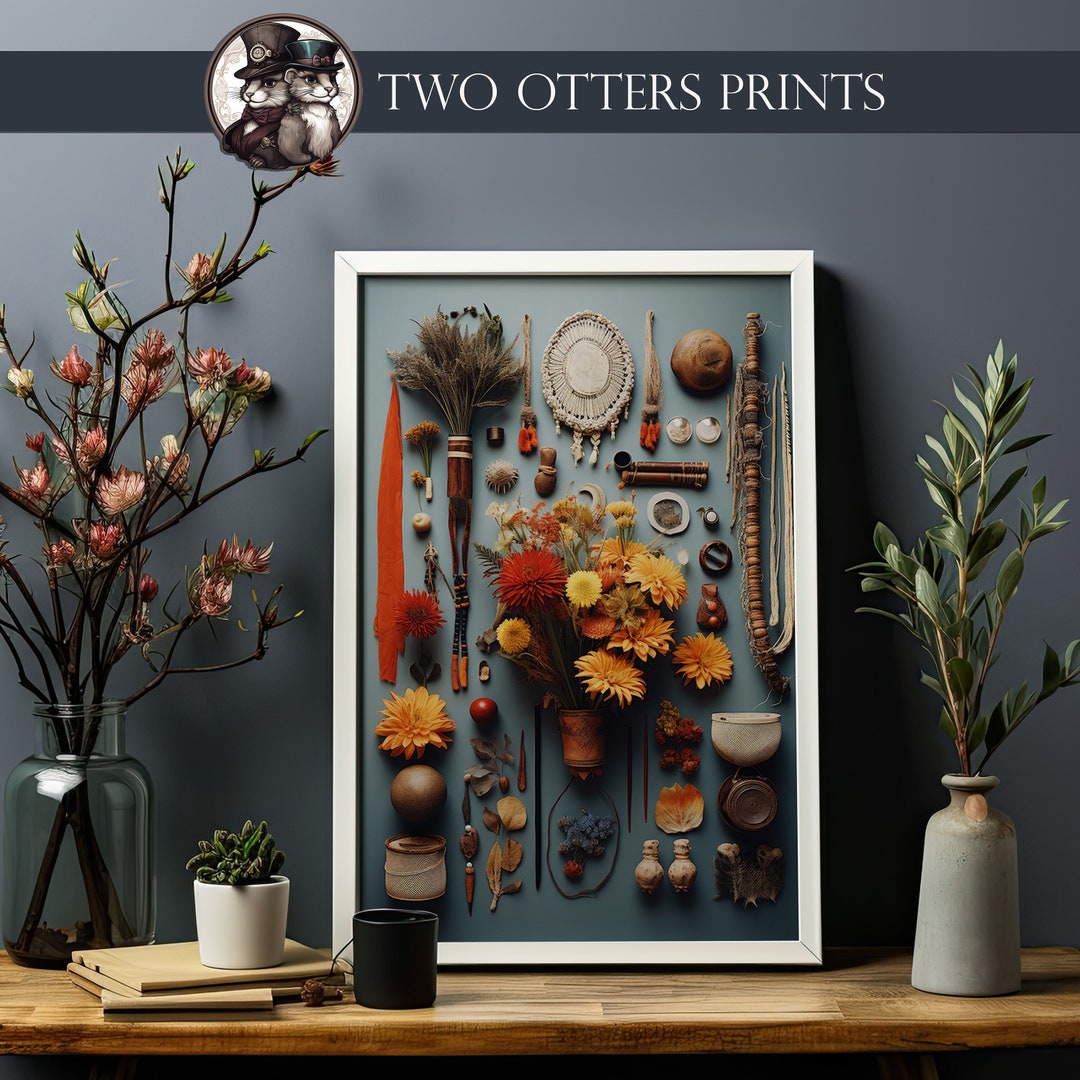 Boho Style Flat Lay Art Print - Dried Flowers, Nuts, and Woven Objects ...
