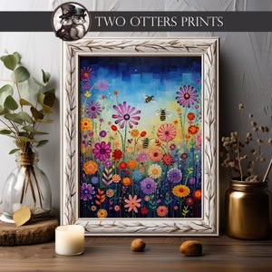 Colorful Flower Field and Whimsical Bees Art Print | Nature Wall Art | Bright and Bold Color Wildflowers