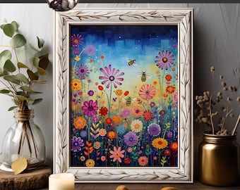 Colorful Wildflower Field Art Print | Whimsical Bee Illustration
