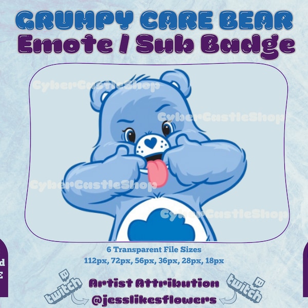Tongue Grumpy Care Bear Emote or Sub Badge | Twitch | Cute | Gamer | Zip File | Premade | Streamer