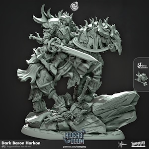 May include: A gray 3D printed miniature of a dark baron riding a skeletal horse, holding a sword. The miniature is posed on a rocky base with a fallen creature at its feet. The text "Dark Baron Harkon" and "672" are visible at the bottom of the image.
