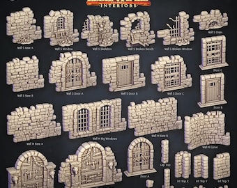 Modular Dungeon Interior Walls Style 1 by Cast n Play's Terrain Essentials: Interiors - Many Parts and Fully Customizable!