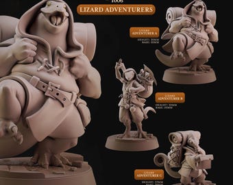 May include: A collection of Lizard Adventurer figurines. The figures are in various poses, with backpacks and gear. The text "Lizard Town 1006" and "Lizard Adventurers" is displayed. The figurines' heights range from 35mm to 39mm, with 25mm bases.