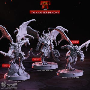 May include: Three gray plastic miniature demon figures with wings, each standing on a round base. The figures are labeled "Leaping Demon", "Patrolling Demon", and "Voracious Demon". The figures are 76mm, 51mm, and 60mm tall, respectively. The bases are 35mm in diameter.