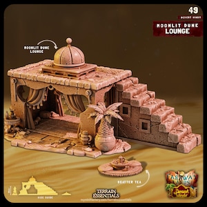 May include: A detailed miniature model of a desert-themed lounge with a domed roof, draped curtains, and a palm tree. The model is made of a light brown resin and features intricate details like a stone staircase and a small tea set. The model is labeled "Moonlit Dune Lounge" and is part of the "Faraway Lands Desert Winds" collection.