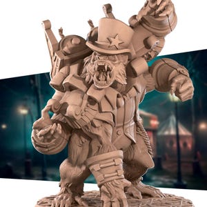 May include: A brown, detailed, miniature figurine of a monkey wearing a top hat and a vest, holding a wrench in one hand and a gear in the other. The monkey has a fierce expression and appears to be wearing steampunk-inspired clothing.