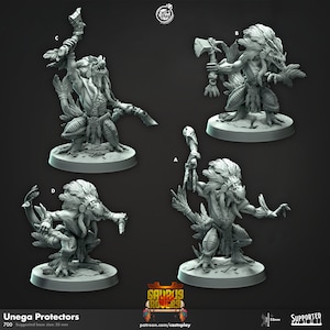 May include: Four gray 3D printed miniatures of a humanoid creature with a feathered headdress, reptilian features, and holding various weapons. The miniatures are posed in different stances and are set against a black background. The text "Unega Protectors" is visible at the bottom of the image.