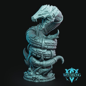 May include: A gray, detailed, 3D printed sculpture of a snake with a mechanical head, coiled around itself. The sculpture is on a base with a circular design. The sculpture is labeled "Witchsong".