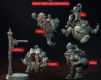 May include: Five Christmas tree ornaments featuring goblins and orcs. The ornaments are 3D printed and feature a goblin sphere, a goblin Christmas wreath, an orc ball, and two helpers. The ornaments are displayed on a black background with a sign that reads "Holiday Horde 913 Xmas Tree Decorations".