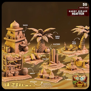 May include: A collection of miniature desert-themed terrain pieces for tabletop gaming. The set includes a variety of items, such as palm trees, a shelf, a hookah, and a rug. The pieces are painted in a sandy brown color and have a realistic texture.