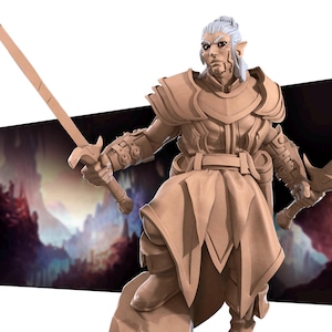 May include: A detailed miniature figurine of an elf warrior, painted in a light brown color. The elf is wearing armor and holding a sword in each hand. The figurine is set against a blurred background of a fantasy landscape.