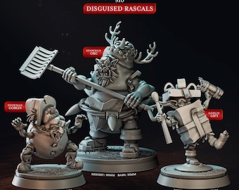 May include: Three miniature figurines of a snowman goblin, a snowman orc, and a goblin gift. The snowman goblin is wearing a hat and holding a rake. The snowman orc is wearing a reindeer costume and holding a rake. The goblin gift is wearing a gift box costume and holding a bottle. The figurines are all painted in a gray color.