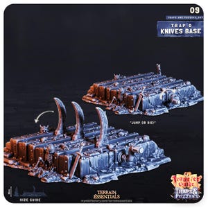 May include: A 3D printed tabletop game terrain piece depicting a trap base with a series of knives protruding from the surface. The base is made of gray plastic and has a rough, textured surface. The knives are made of black plastic and are arranged in a staggered pattern. The text "Jump or Die!" is printed on the base.