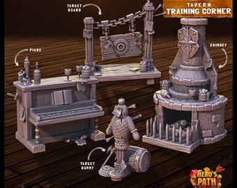 May include: A detailed miniature tavern scene with a piano, target board, chimney, and target dummy. The scene is made of gray material and includes the text "Tavern Training Corner" and "Hero's Path Tavern".