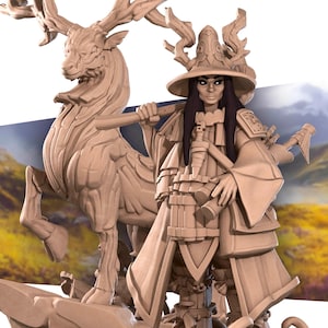 May include: A detailed sculpture of a fantasy character with a large antlered creature. The character wears a hat and layered clothing, holding a staff and an axe. The sculpture is in shades of tan and brown, set against a blurred background.