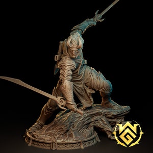 May include: A detailed miniature figurine of a warrior with horns, wearing armor and holding a sword. The figurine is posed in a dynamic stance, standing on a rocky base.