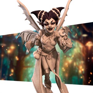 May include: A miniature figurine of a fairy with bat wings, wearing a white dress and holding a small bottle. The fairy has dark purple hair, red eyes, and a mischievous grin.