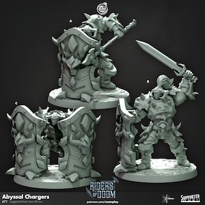 May include: Three gray 3D printed miniatures of a fantasy warrior with a large shield and sword. The warrior is wearing armor and a helmet. The miniatures are on a round base. The text "Abyssal Chargers" and "Riders of Doom" is visible in the image.
