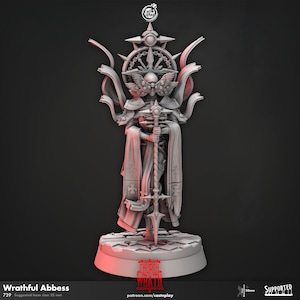 May include: A 3D printed miniature of a wrathful abbess, a female religious figure, holding a sword and wearing a robe with a large halo. The miniature is painted in a gray color and is standing on a round base with the text "Church Wrath" printed on it.