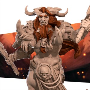 May include: A detailed miniature figurine of a horned, bearded warrior with a fierce expression. He wears a skull necklace and a belt with a skull emblem. The figurine is painted in shades of brown and white, with a fiery orange background.