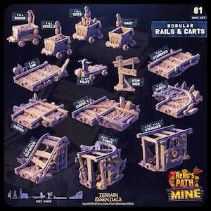 Modular Mine Carts and Rails by Cast n Play&#39;s Terrain Essentials - 5 Cart Variations and 8 Tracks Including Elevated Rails!