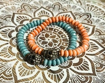 Turquoise & Orange Skull Beaded Bracelets: Beachy Stacking Jewelry Set