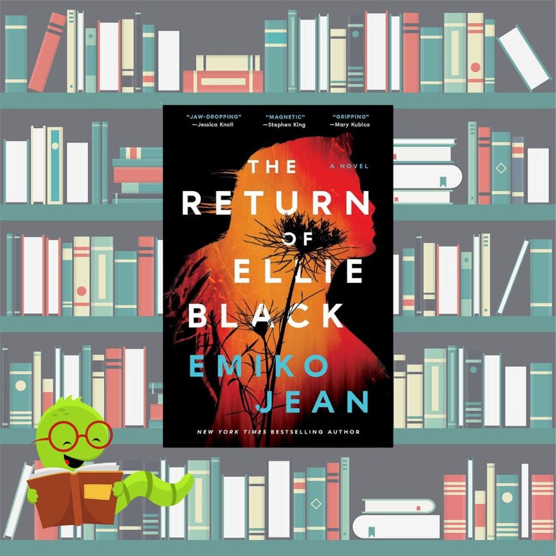 K&ouml;nnte beinhalten: Ein Buchcover mit rotem und orangefarbenem Hintergrund, auf dem eine Silhouette einer Person mit einer Blume zu sehen ist. Der Titel des Buches lautet "The Return of Ellie Black" von Emiko Jean, einer Bestsellerautorin der New York Times.