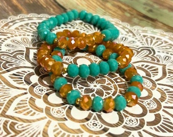 Turquoise and Orange Beaded Bracelet Set: Beachy Stacking Jewelry