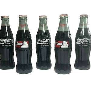 Vintage Seasons Greetings Coca Cola Classic Glass Bottle, 1993 Santa soda bottle, Midcentury collectible pop bottle from 1990s, Man cave
