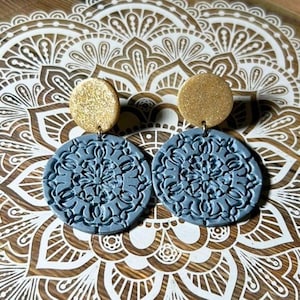 Blue and gold disc clay earring set, Boho costume jewelry, Handmade fashion accessory, Gold glitter dangle earrings, Easter outfit ideas