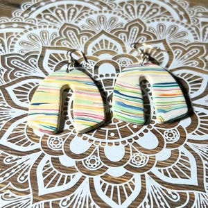 Rainbow stripe U shaped clay earring set, Boho costume jewelry, Handmade fashion accessory, Lightweight dangle earrings, Easter outfit ideas