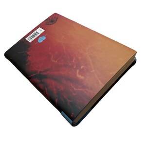 K&ouml;nnte beinhalten: Der hintere Umschlag eines Hardcover-Buches mit einem marmorierten Design in Rot, Orange und Schwarz. Der Buchtitel lautet "Love" in einem blauen Herzen.