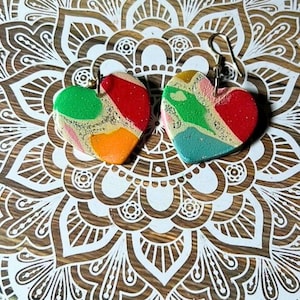 Multicolor heart shaped clay earring set, Colorful costume jewelry, Handmade fashion accessory, Dangle earrings, Easter outfit ideas