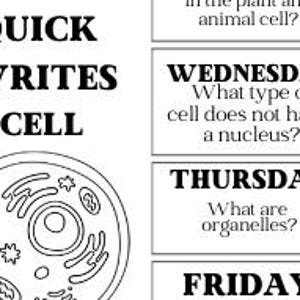May include: A black and white illustration of a cell with the words "QUICK WRITES CELL" at the top. The image also includes the words "WEDNESDAY", "THURSDAY", and "FRIDAY" with questions about cells.