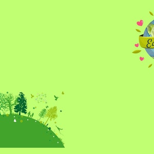 Puede incluir: Un gráfico verde claro con un diseño estilizado del Día de la Tierra. La imagen presenta un globo terráqueo con una pancarta que dice "Earth Day", rodeado de corazones y hojas. A la izquierda hay una colina verde con árboles y siluetas de personas.