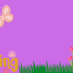 Puede incluir: Un fondo morado con la palabra "Primavera" en amarillo y una mariposa rosa volando sobre hierba verde y flores rosas.