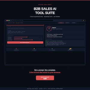 May include: A digital interface for a B2B Sales AI Tool Suite featuring a dark theme dashboard with red accents. The screen displays email scoring metrics, a grade of D, and a button labeled Score & Rewrite My Email. Text includes Digital Ops Vault.