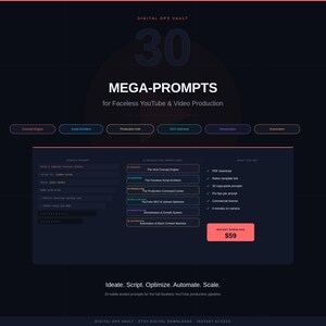 May include: A digital product graphic titled Digital Ops Vault 30 Mega-Prompts for Faceless YouTube & Video Production. It features a dark background with coral accents, listing production workflows, sample prompts, and a list of included items.