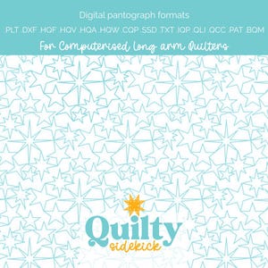 May include: Digital pantograph formats for computerized long arm quilters. The image shows a light blue star pattern on a white background. Text includes file formats such as PLT, DXF, and more. The "Quilty Sidekick" logo is also visible.