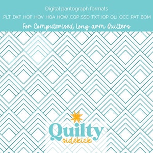 Puede incluir: Formatos de pantógrafo digital para acolchadoras de brazo largo computarizadas. La imagen presenta un patrón geométrico turquesa y blanco. El texto incluye formatos de archivo y el logotipo "Quilty Sidekick" con una estrella.