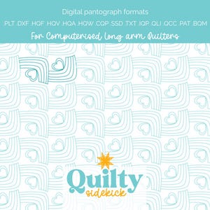 Puede incluir: Un diseño de acolchado digital con un patrón repetitivo de líneas curvas y corazones en azul claro sobre un fondo blanco. La imagen incluye el texto "Digital pantograph formats" y "Quilty sidekick."