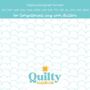 Może przedstawiać: Obraz cyfrowego wzoru pikowania z jasnoniebieskim tłem i powtarzającym się wzorem chmur. Obraz zawiera tekst "Digital pantograph formats" i "For Computerised long arm Quilters". Obecne jest również logo Quilty Sidekick.